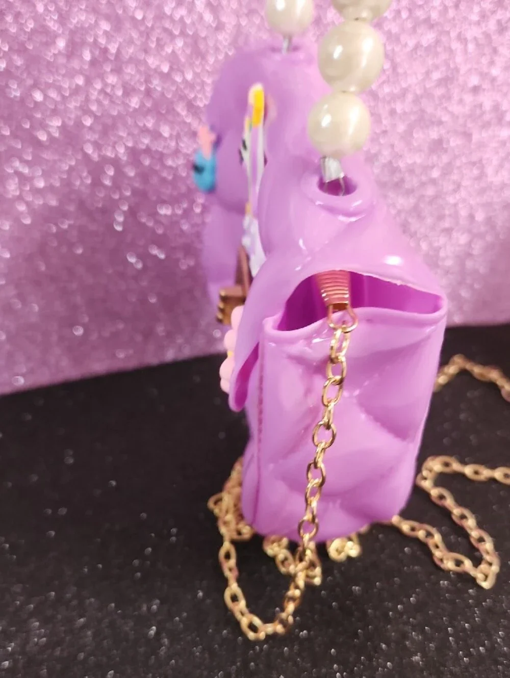 Kids Purple Unicorn Pearl-Handle Mini Bag with Gold Chain
